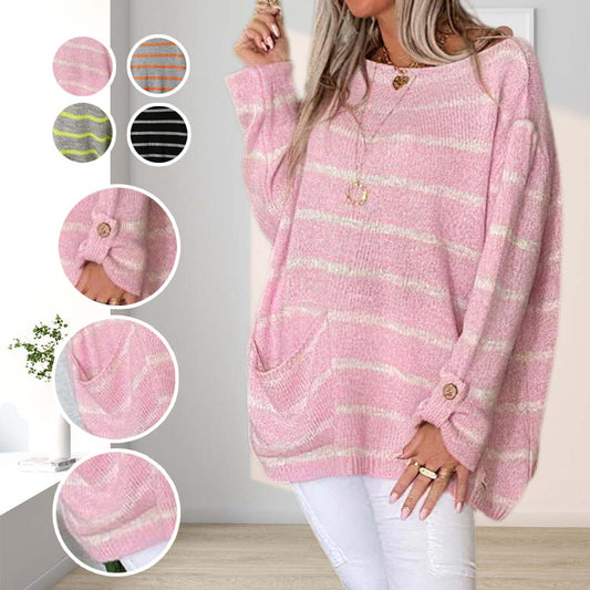 Fashionable Women's Striped Crew Neck Pocket Pullover Sweater