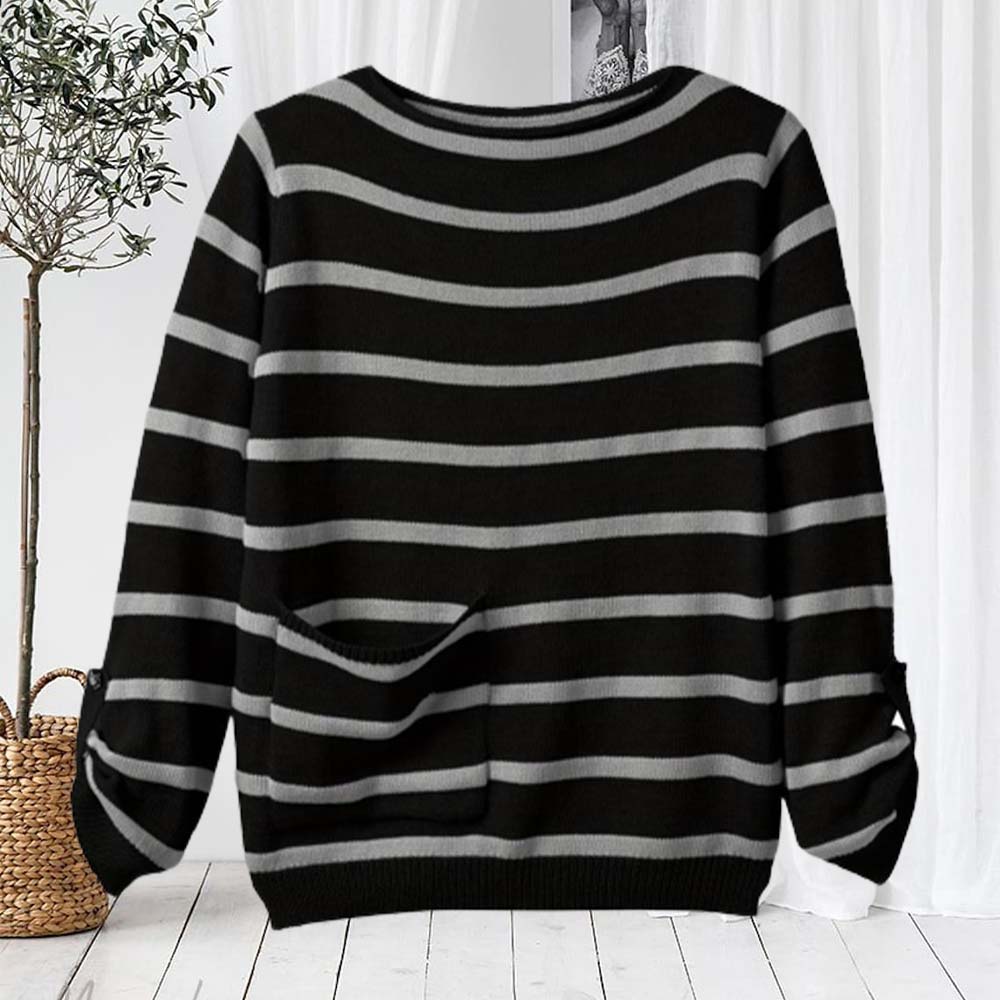 Fashionable Women's Striped Crew Neck Pocket Pullover Sweater