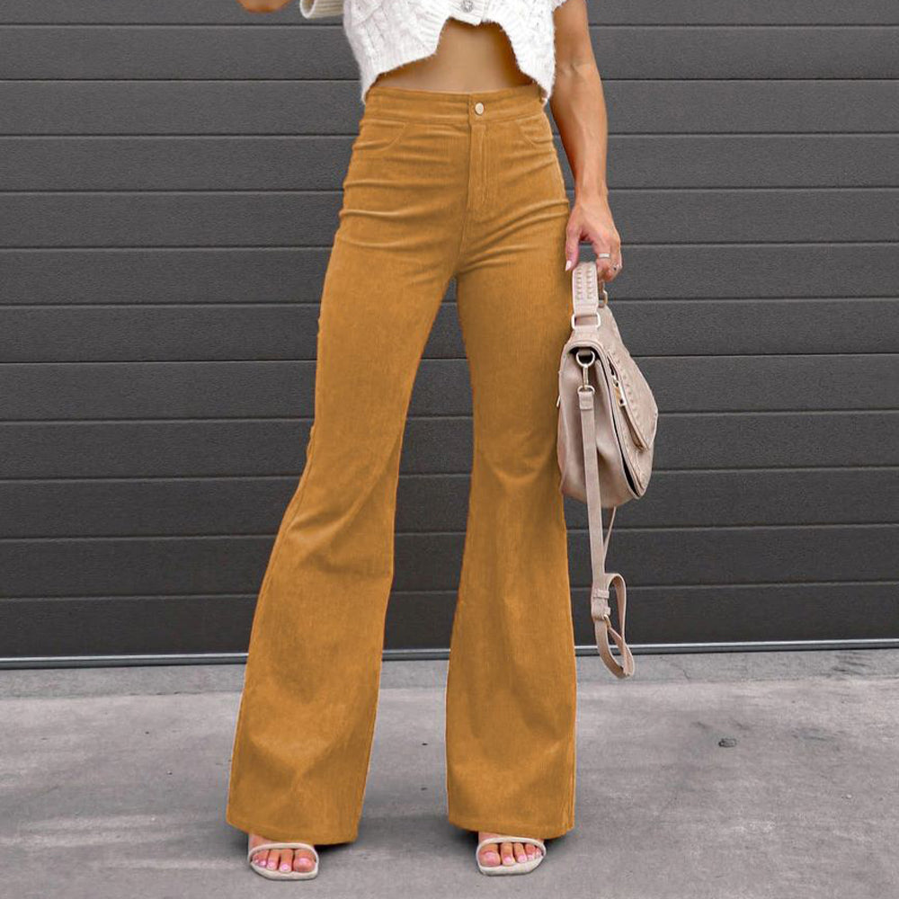 Ladies solid color corduroy high waist trousers with bootcut