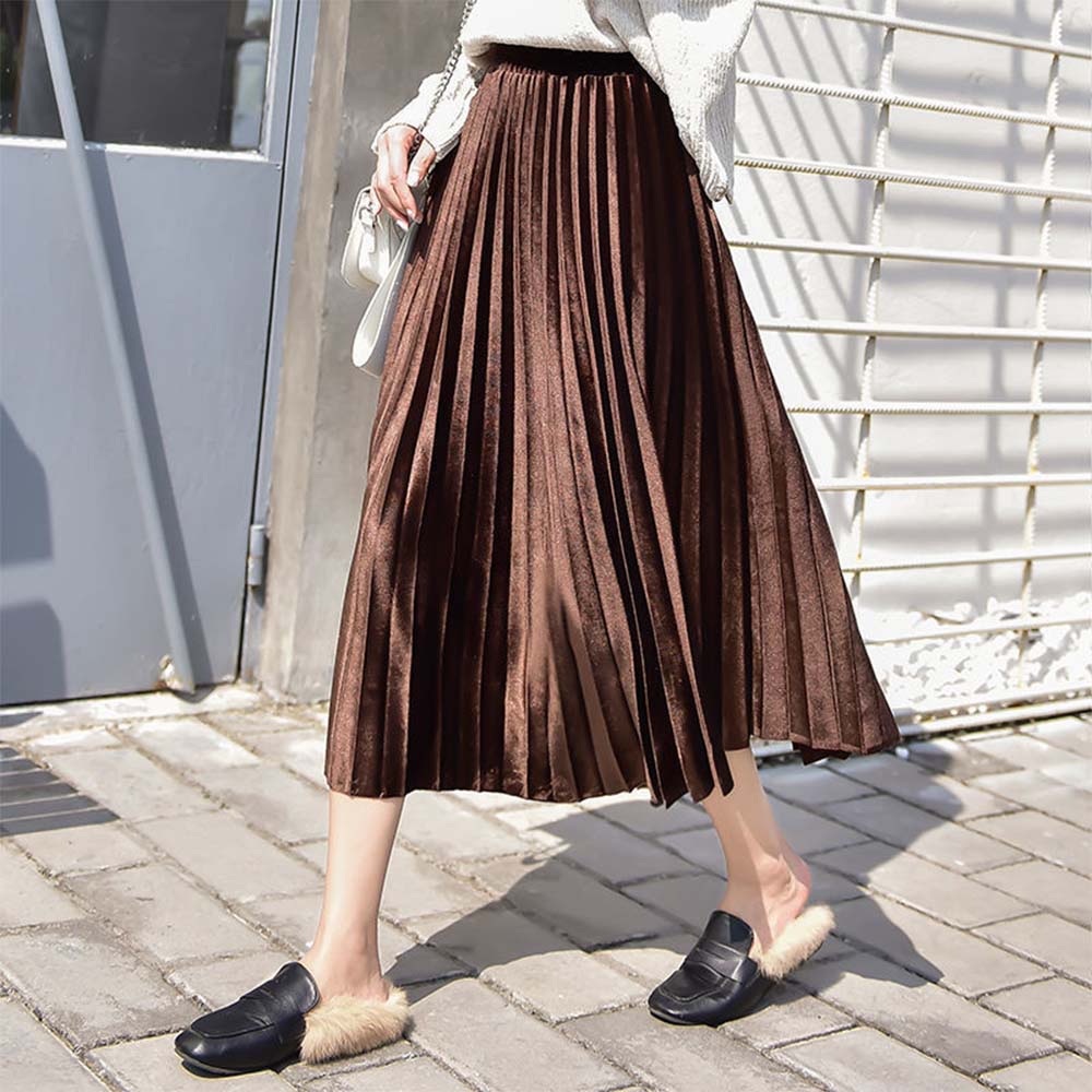 Ladies casual loose pleated long skirt with elastic waist