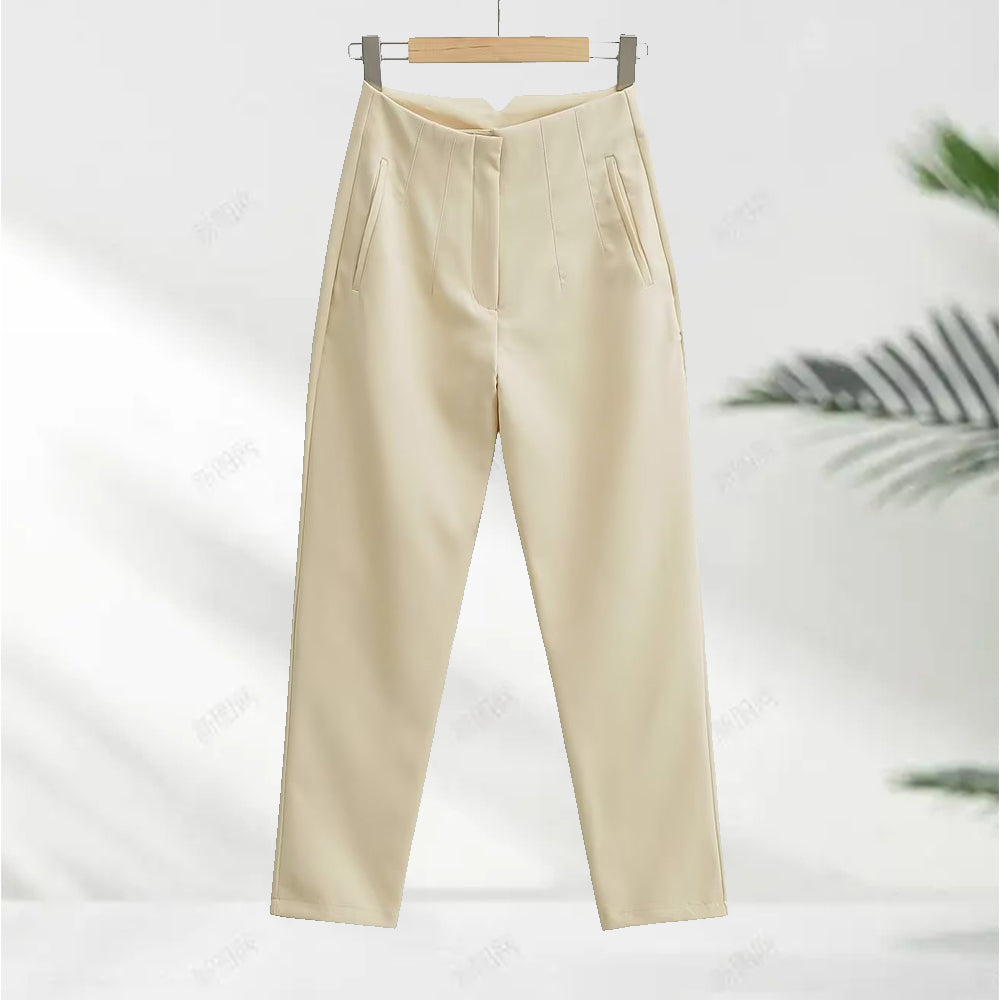 Ladies solid color high waist pleated pencil pants