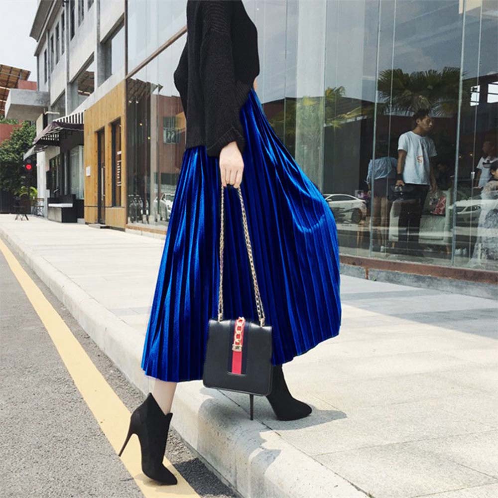 Ladies casual loose pleated long skirt with elastic waist